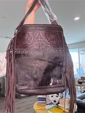 Cowhide Tooled Fringe crossbody bag